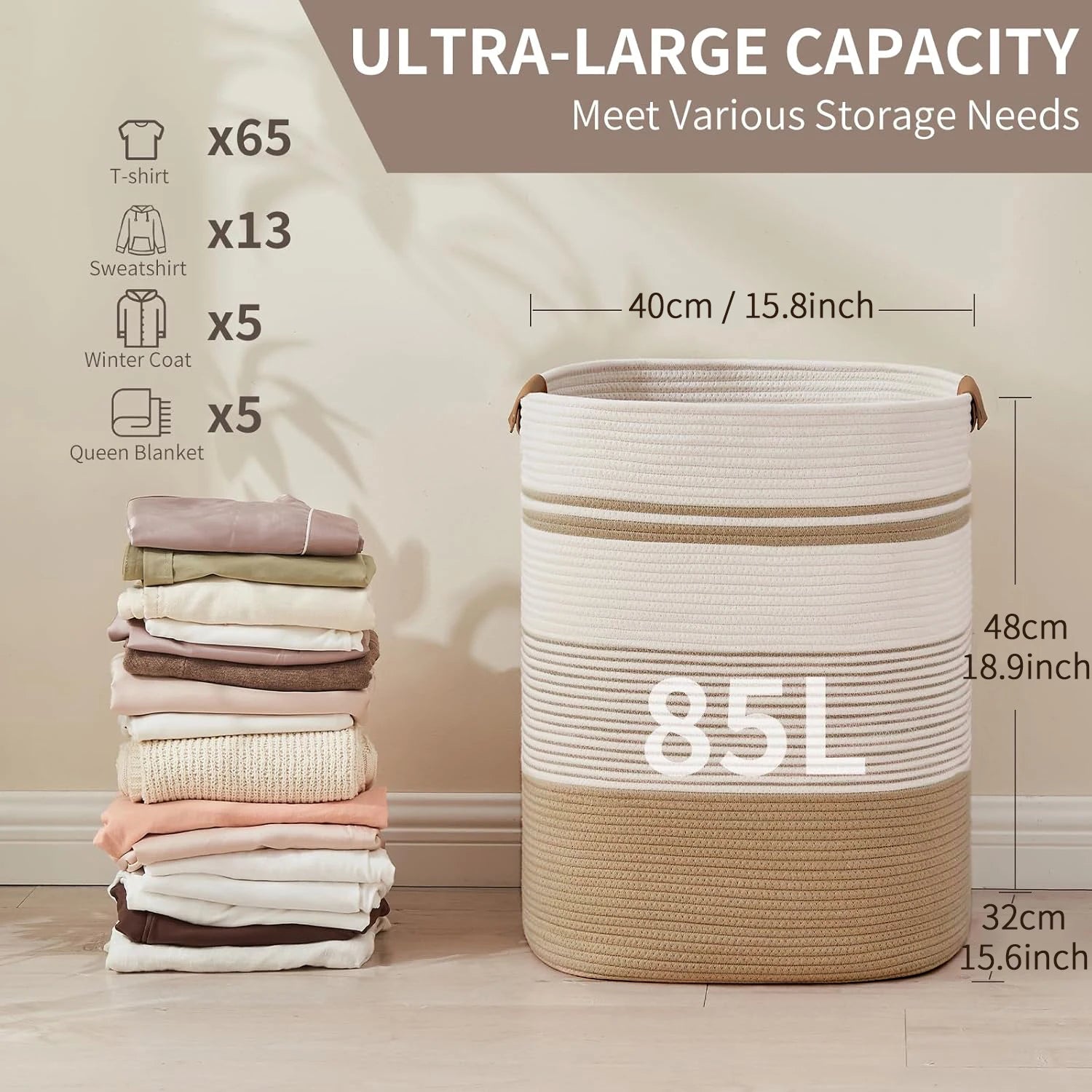 Laundry Basket, Blanket Basket for Bedroom Aesthetic, Laundry Hamper & Blanket Storage for Living Room, Woven Storage Basket