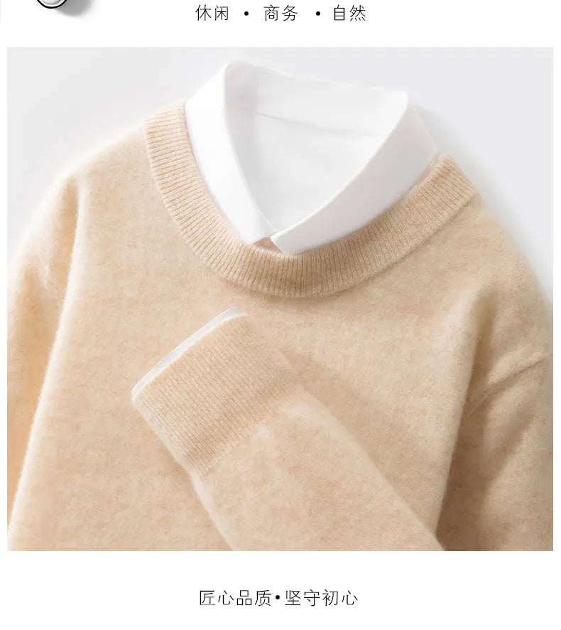 100% wool men's round neck solid color loose knit cashmere pullover for business and leisure, keeping warm in autumn and winter