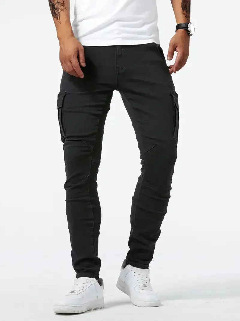 Street Elastic Jeans Men Denim Cargo Pants Wash Solid Color Multi Pockets Casual Mid Waist Trousers Slim Fit Daily Wear Joggers