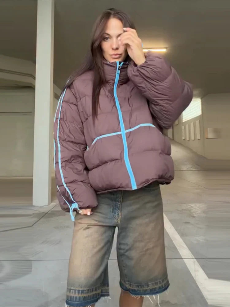 Casual Contrasted Color Women's Cotton Coats Zippers Stand Collar Loose Lady Thicken Jackets 2026 Autumn Winter Female Tops New
