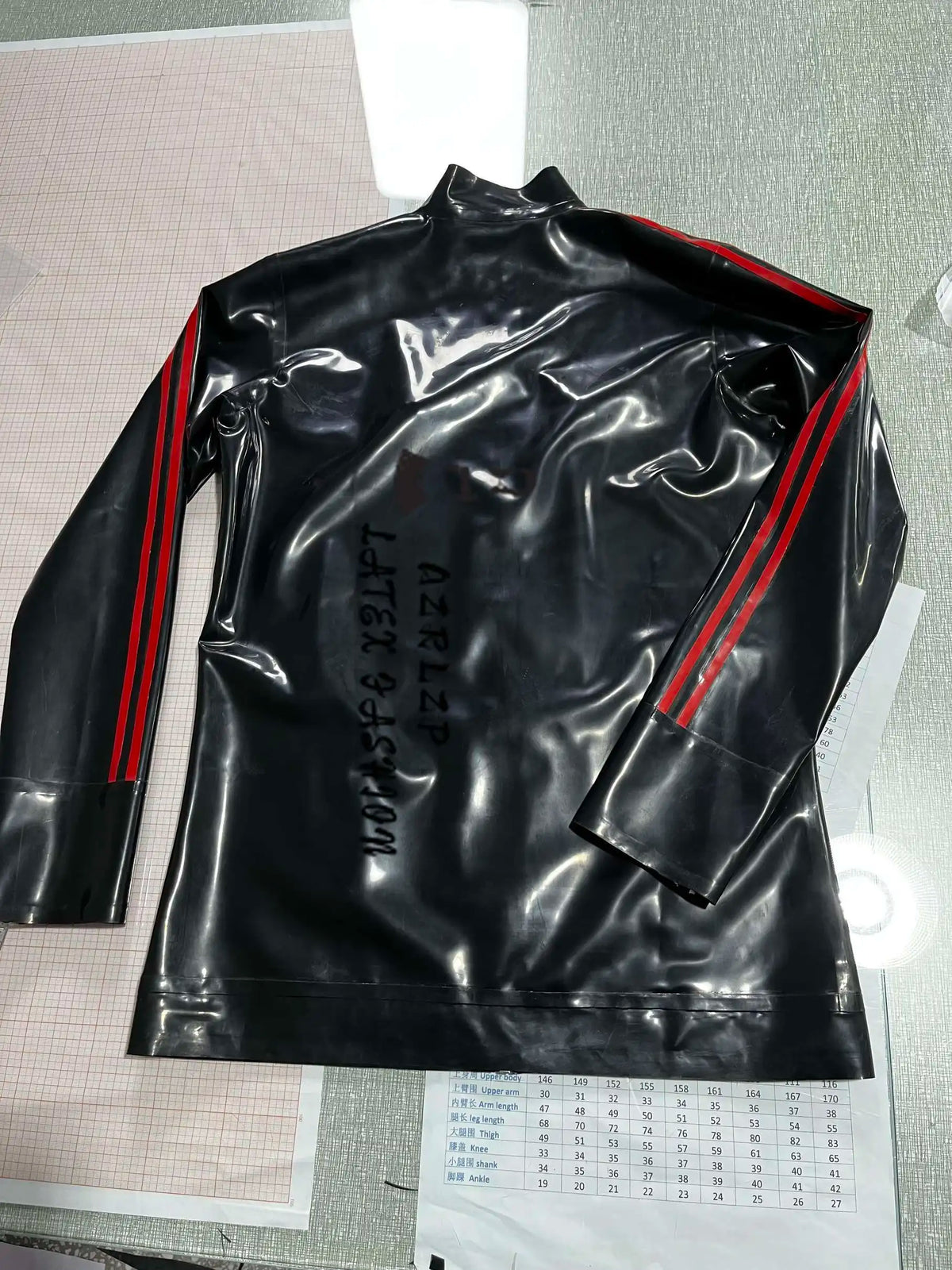 Latex Jacket/Coat — Black & Red Stylish Paneling with Double Red Stripe Accents