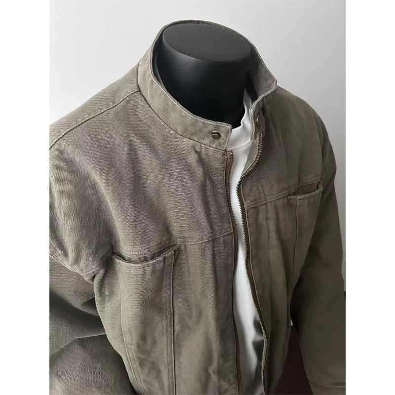 Spring Autumn New Fashion Men's Casual Trendy Solid Color Stand Collar Longs Leeve Solid Color Zipper Jacket Coat Streetwear