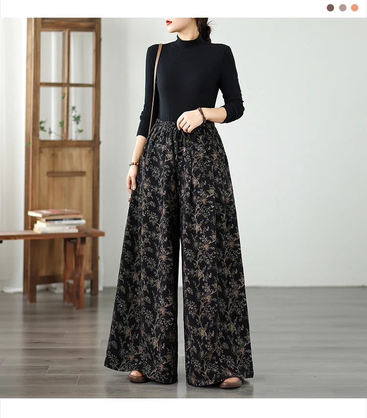 Denim Wide-leg Pants For Women 2025 Autumn New Style Printed Elastic Waist Loose Oversized Casual Denim Straight Pants