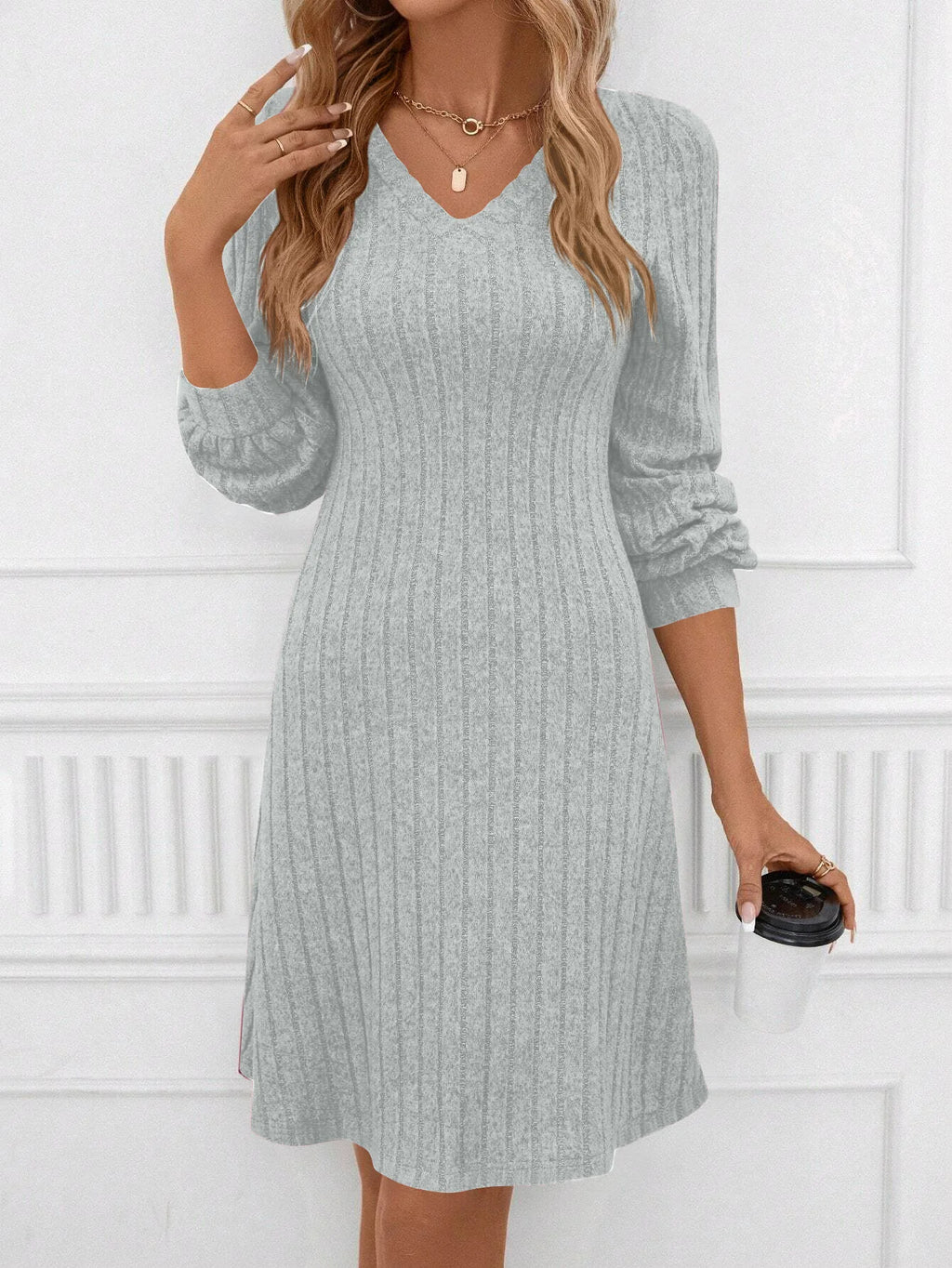 V Neck Long Sleeve Dress, Knitted Dresses for Women, Spring Summer Casual Blouse Top, Pullover Tee Tunic Tops