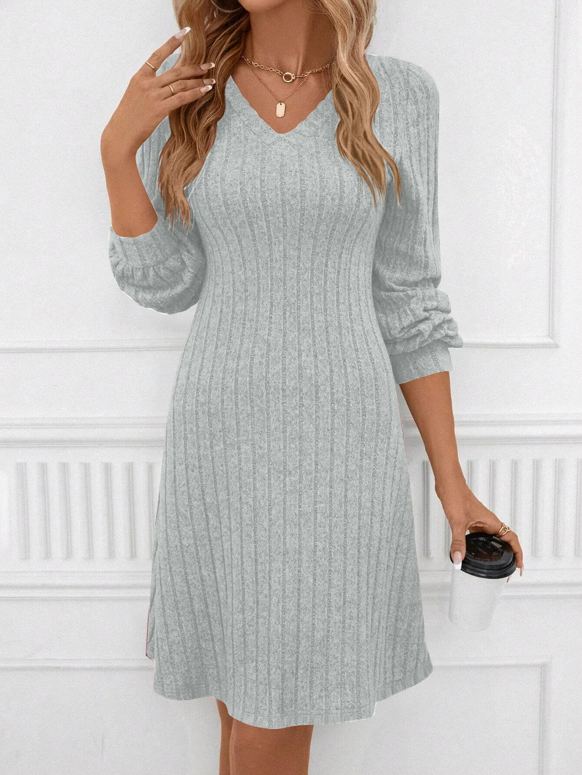 V Neck Long Sleeve Dress, Knitted Dresses for Women, Spring Summer Casual Blouse Top, Pullover Tee Tunic Tops