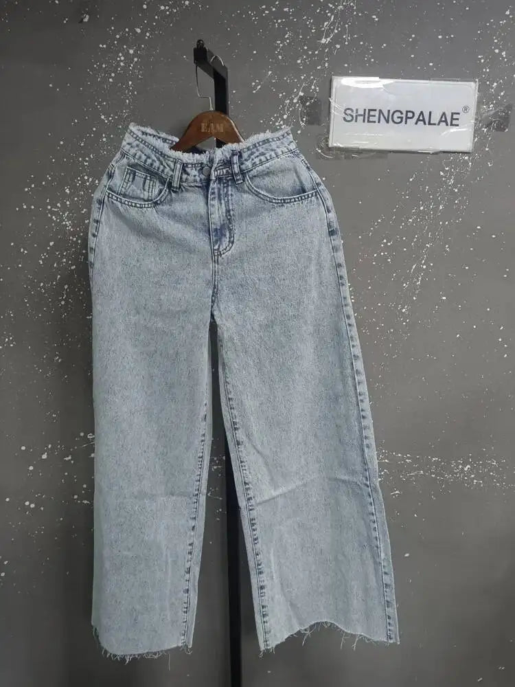 SHENGPALAE American Style Loose Hanging Feeling Wide Leg Floor Dragging Fringed Jeans For Women 2026 Autumn New
