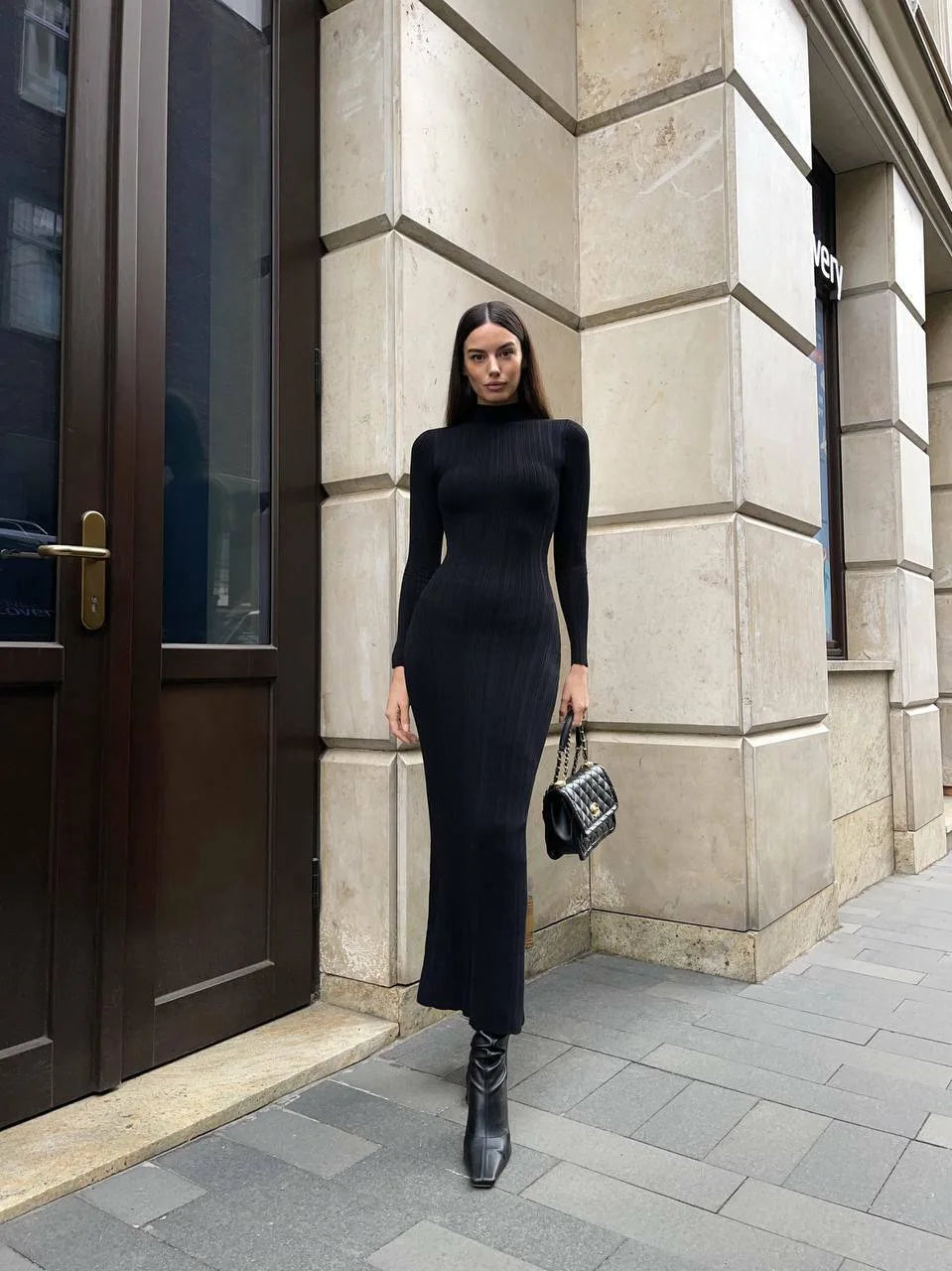 VEITCHE Autumn Winter Women Knitted Long Sleeved Sweater Dress Sexy Slim Fit Striped High elasticity Female Vestidos Sweater Out
