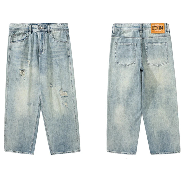 New Fashion Men Ripped Loose Straight Leg Jeans Male American Style Vintage Trend Streetwear Denim Pants Daily Casual Trousers
