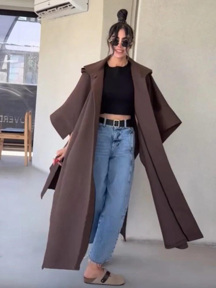 Fashion Solid Cape‑style Long Overcoat Women Oversize Hooded Self‑tie‑belt Wide 3/4 Sleeve Trench Coat New Fall Female Outerwear