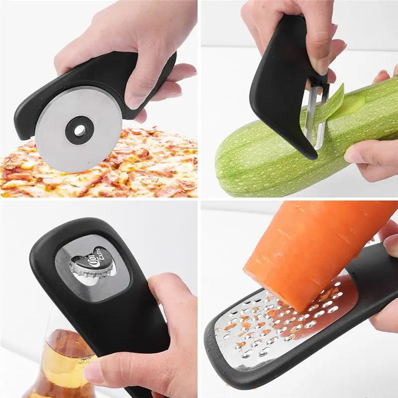 A36T-Kitchen Gadgets Set, Space Saving, Cheese Grater, Bottle Opener, Fruit Vegetable Peeler, Pizza Cutter, Garlic Grinder