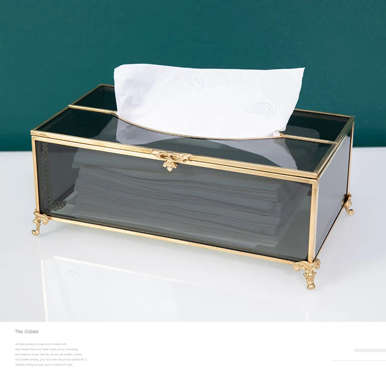 Vintage Brass Glass Tissue Box Living Room paper Storage Holder Tea Table Desktop Paper Box Hotel Restaurant Tissue Organizer