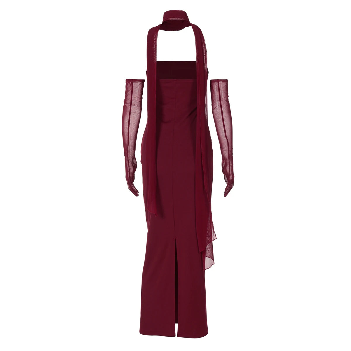 Hugcitar Elegant Scarf Strapless Solid Mesh Gloves Sexy Bodycon Maxi Prom Dress Women Fashion Y2K Outfits Wedding Party Birthday