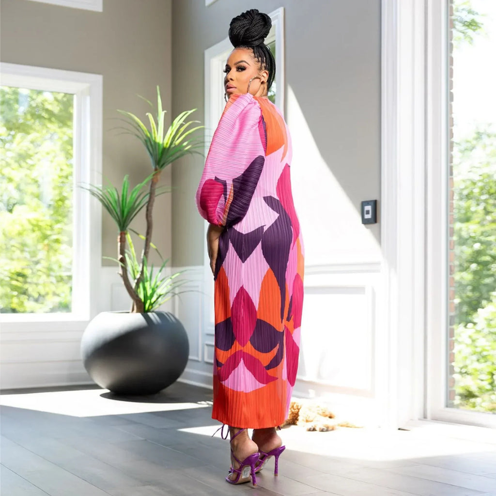 Elegant Women Pleated Half Lantern Sleeve O-neck Slim Maxi Long Dress Print Fashion Autumn 2025 Ruched Dresses Vestidos