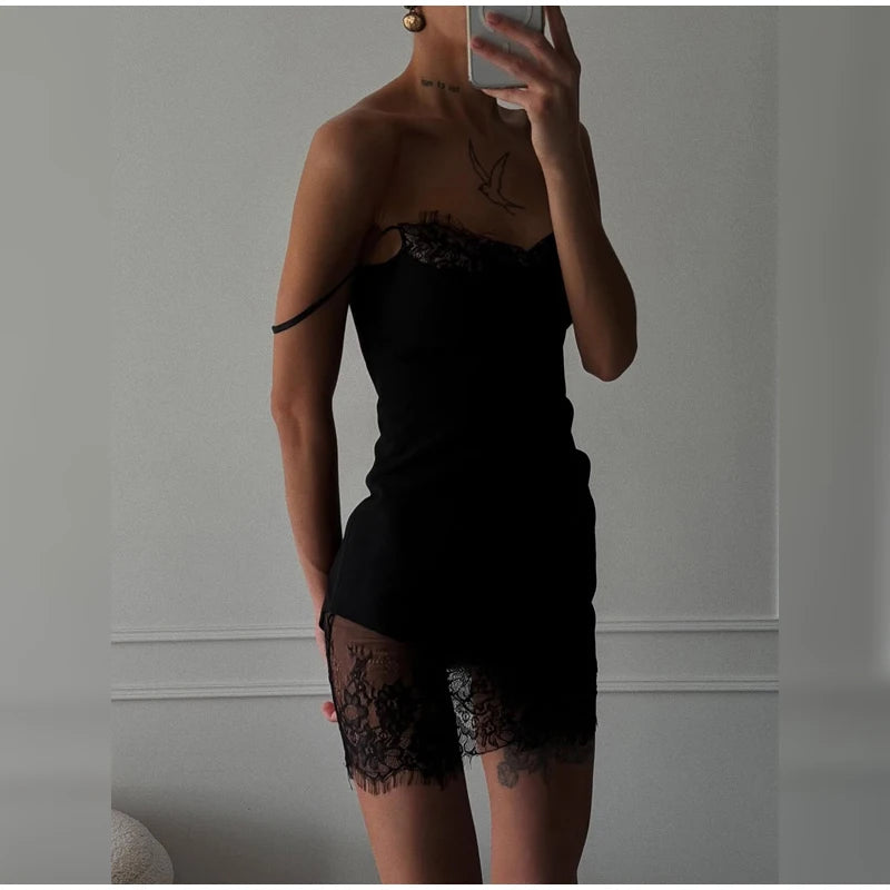 Black Lace Trim See Through Sling Dress Women Waist Cinched Slim Fit Sleeveless Vestidos 2026 Lady Daily Party Short Gowns