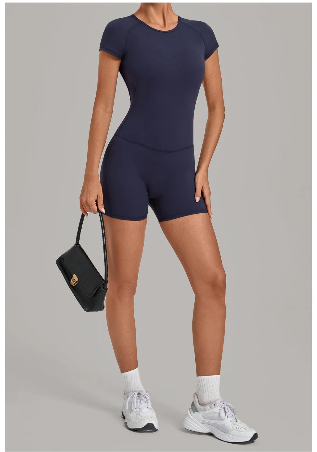 Women Short Sleeve Open Back Yoga Bodysuit Squat Proof Short Jumpsuit Gym Pilates Running Workout Fitness Sport Activewear