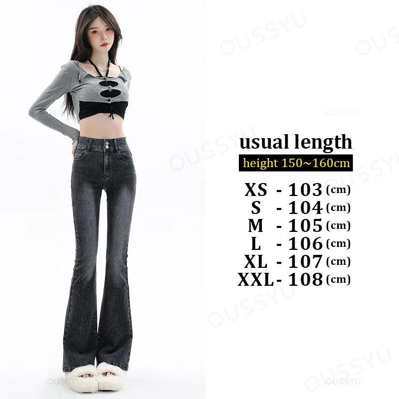 Women Jeans Cotton Denim Flared Pants Elastic Force Vintage Streetwear High Waist Slim Mom Harajuku Trousers Plus Length