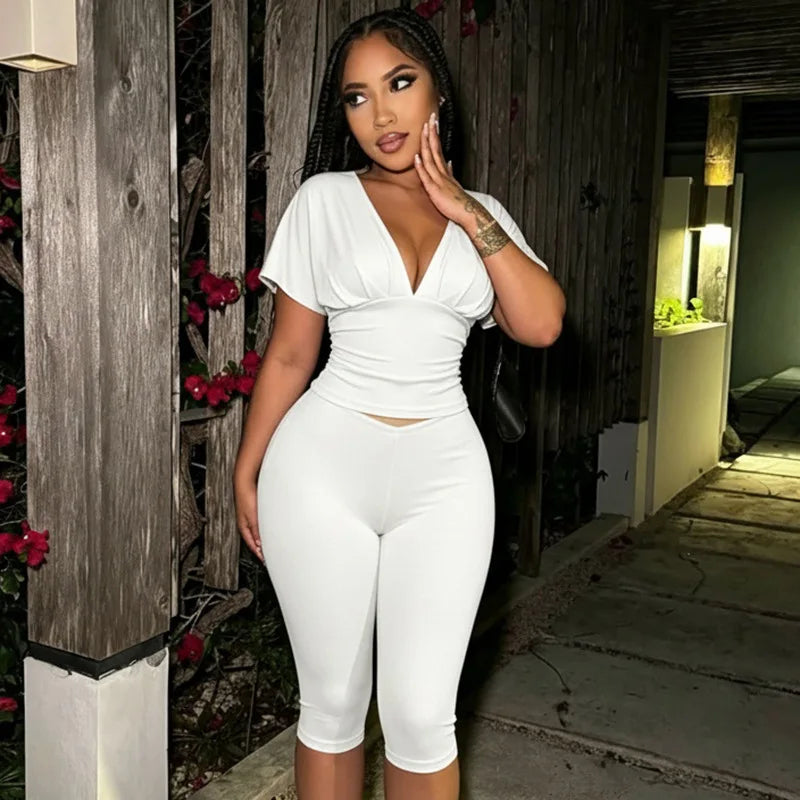 STYLISH LADY Y2K Solid Color Two Piece Set Batwing Sleeve Ruched Top Capri Pants 2026 Women Bodycon Vacation Party Outfits