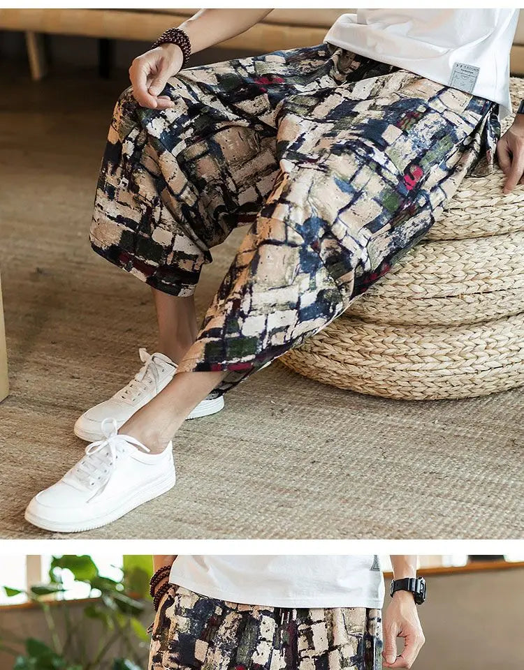 Men's Casual Cotton Linen Seven-Foot Pants Summer plus Size Lantern Loose Fit Shorts Harlan Style Comfortable Breathable Leis...