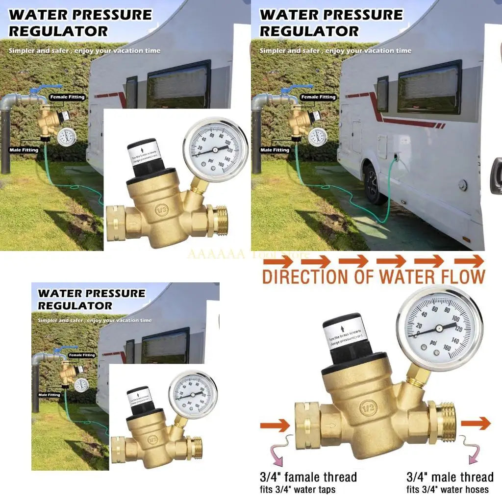 A2BE Water Pressure Regulator Valves with Inlet Screened Filters Knob Adjustable Water Pressure Reducer with Gauge 160PSI