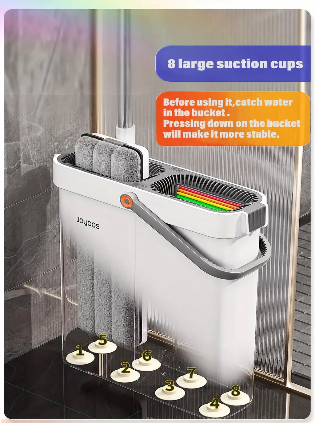 Joybos Space-Saving Slim Mop Bucket Set (Only 5.3" Wide), Self-Wringing Flat Mop with Built-in Hair Scraper & Anti-Tipping Suction Base, Includes 2 Washable Pads