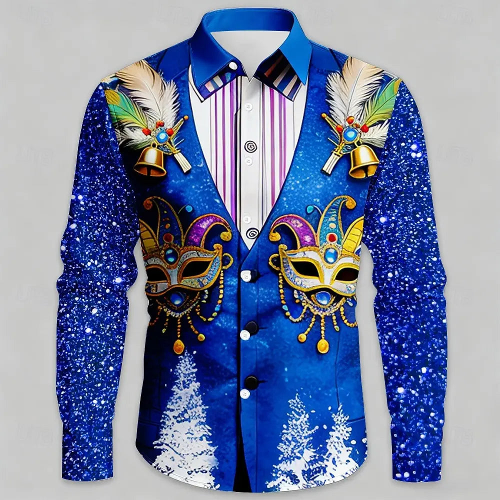 Mardi Gras Men's Carnival Faux Collar and Suit Design Mask with Feathers Shirt Button Up Shirt Long Sleeve Fashion Spring Fall