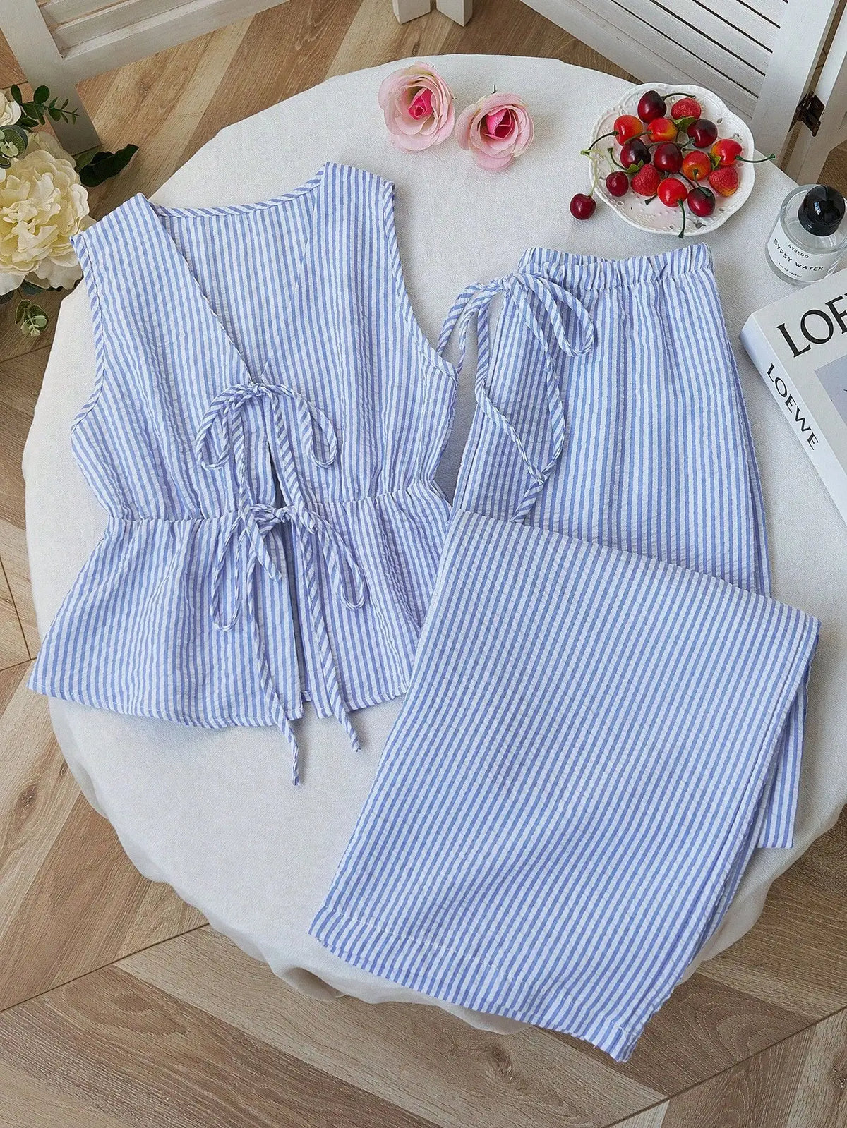 Striped Two Piece Set Women V Neck Bow Lace Up Sleeveless Blouse High Elastic Waist Wide Leg Pants Suits Sweet Casual Tracksuits