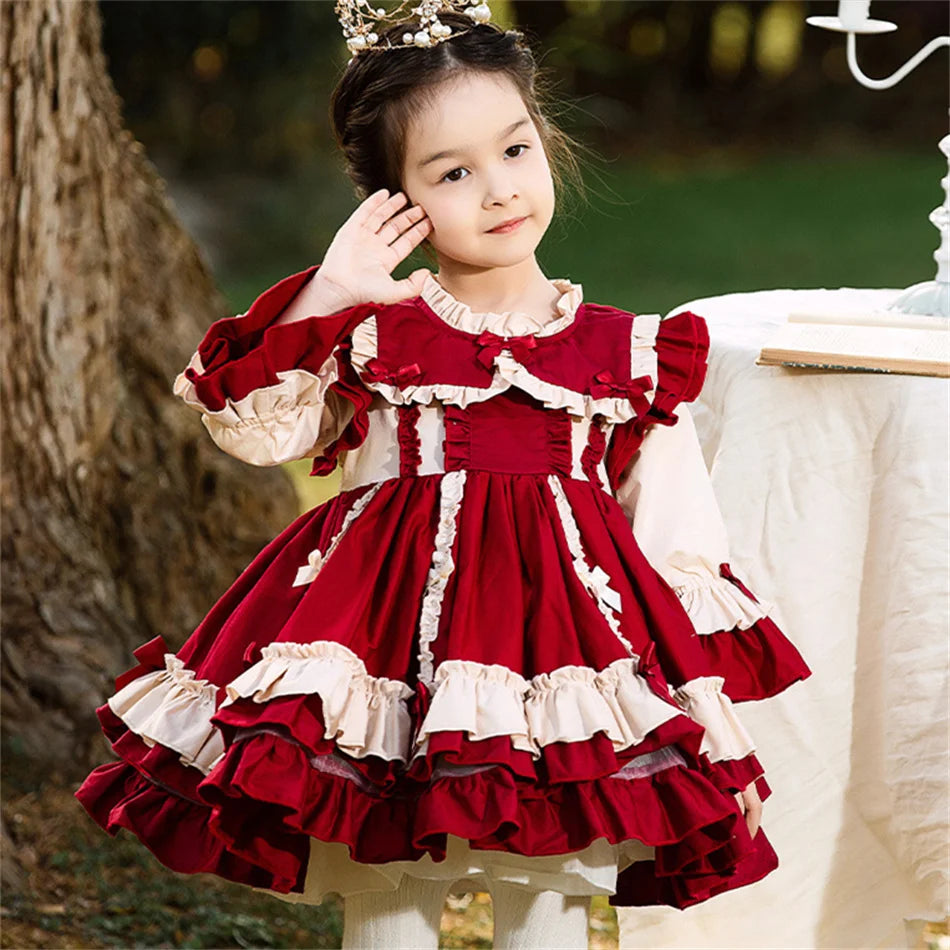 Kids Spring Autumn Lolita Dress Princess Long Sleeves Fancy Luxury Cute Costume Girls Floral Lace Vestido Toddler Birthday Gift