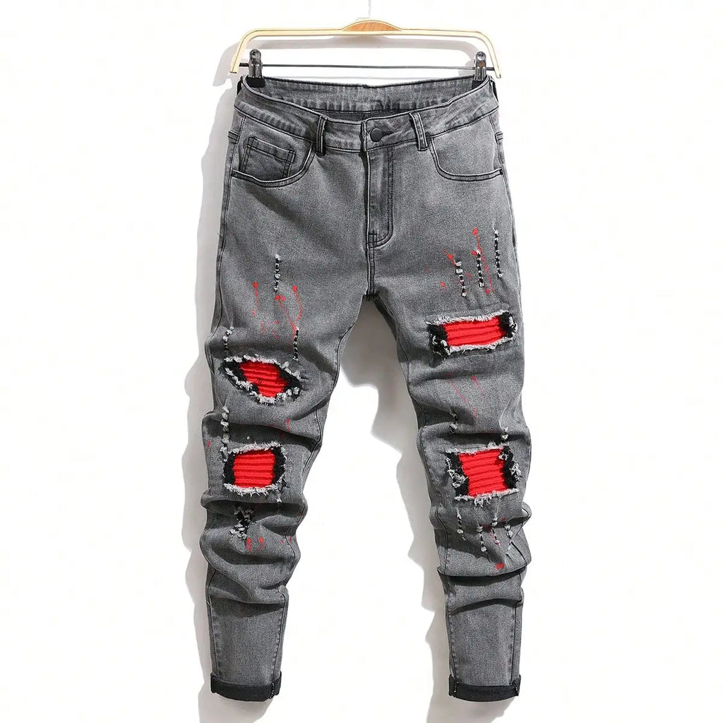 Men's Ripped Denim Jeans for Man High Stretch Skinny Biker Pants Casual Slim Fit Trousers with Patchwork Embroidery Streetwear