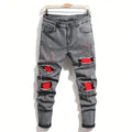 Men's Ripped Denim Jeans for Man High Stretch Skinny Biker Pants Casual Slim Fit Trousers with Patchwork Embroidery Streetwear