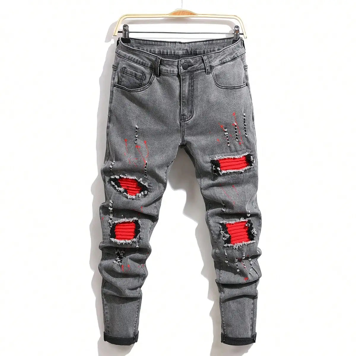 Men's Ripped Denim Jeans for Man High Stretch Skinny Biker Pants Casual Slim Fit Trousers with Patchwork Embroidery Streetwear