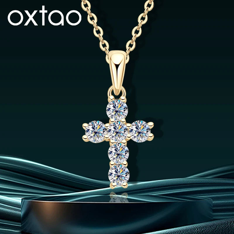 OXTAO 3mm D Moissanite Cross Pendant Necklace for Women Anniversary Gift Fine Jewelry 14K Gold Filled Charm Statement Necklace