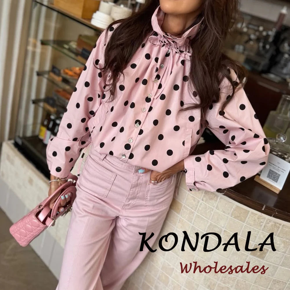 KONDALA Vintage Pink Polka Dot Pink Women Elegant Shirt Fashion 2026 Single Breasted Shirt Chic Night Party Fall Female Blouse