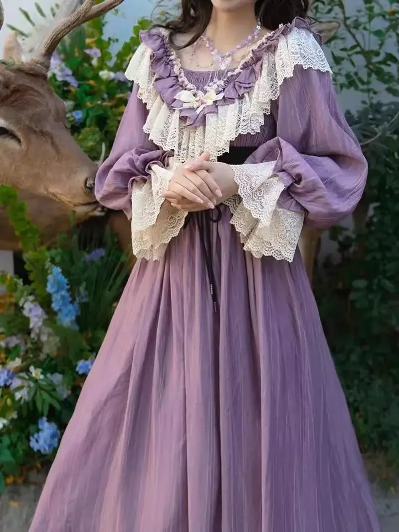 Nicemix Purple Classic Vintage Lantern Sleeve Lolita Dress Spring Lace Spliced Sweet Slimming A-line Dress