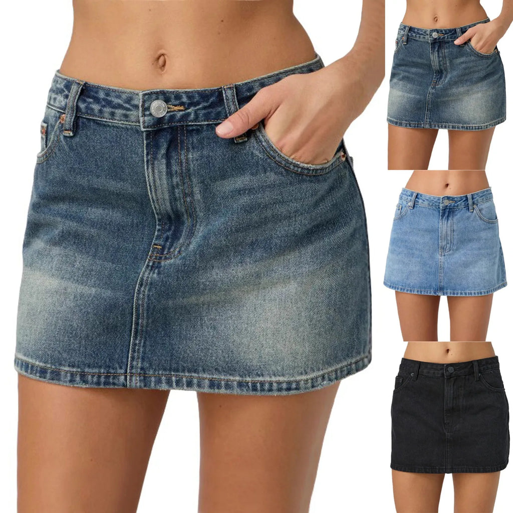 Vintage Denim Mini Skirts for Women Summer Fashion High Waist Straigth Short Faldas Casual Streetwear Classic Jean Skirt