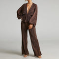Women's Two Piece Set Deep V Neck Pleated Tops with Wide Leg Pants Stretchy Sexy Casual Outfit