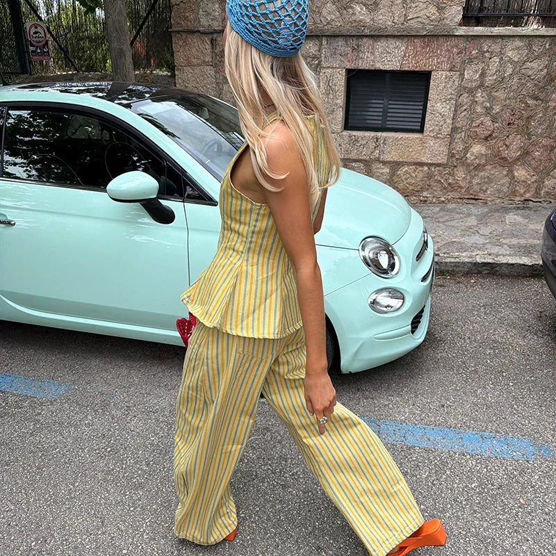 Casual Striped Pleated Vest Pants Women's Set Elegant Sleeveless O-neck Top Wide Leg Trousers 2026 Summer Vacation Lady Outfit