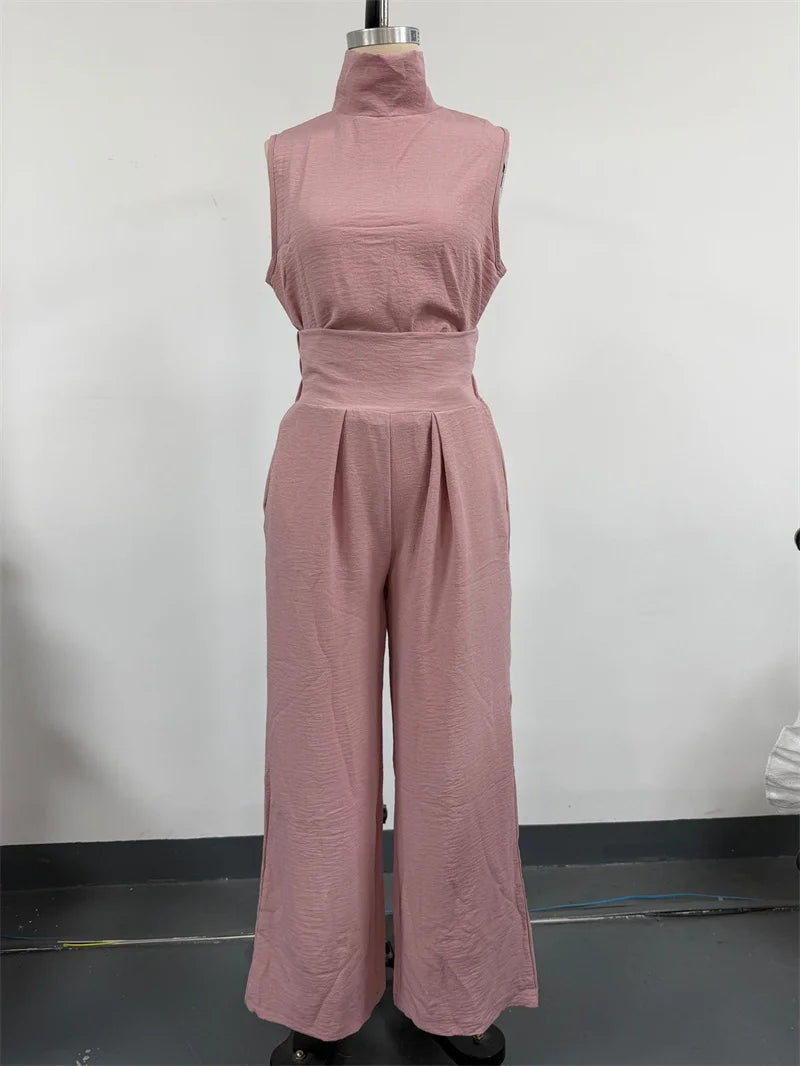 Women Summer Fashion Casual Loose Solid Suit Cotton Linen Set Sleeveless Tops Wide Leg Pants Office Ladies 2 Piece Sets 2026