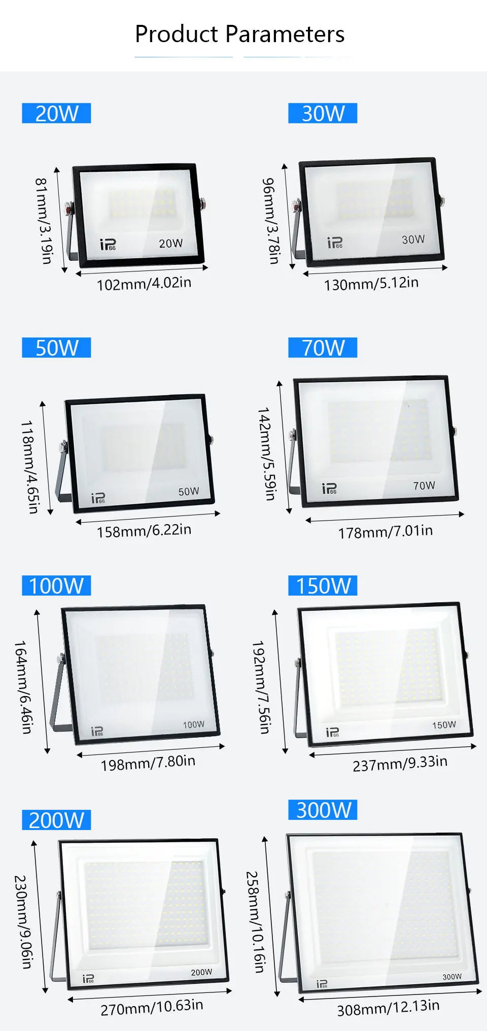 200W LED Flood Light 20W 30W 50W 70W 100W 150W 300WHigh Bright IP66 Waterproof Outdoor Lighting LED Spotlight Garden Floodlights