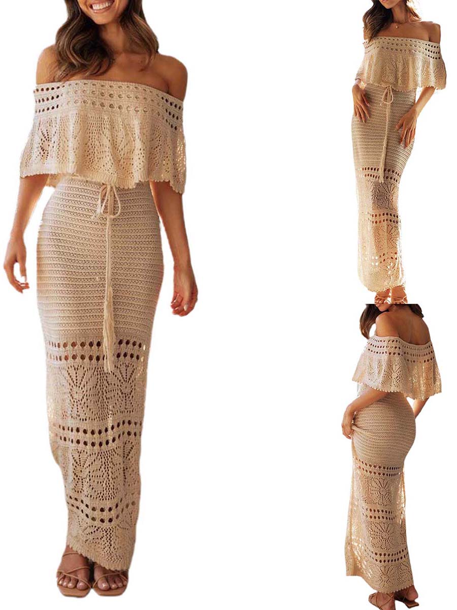 hirigin Elegant Women's Summer Boho Long Tube Top Dress Short Sleeve Off Shoulder Knit Pattern Hollow Tie Up Summer Dress