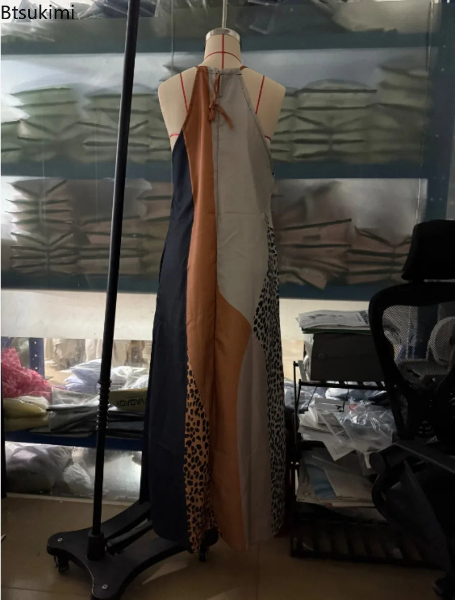 2026 New Women's Patchwork Animal Print Elegant Party Dresses Summer Halter Split Hem Long Dress Sleeveless Vacation Maxi Dress