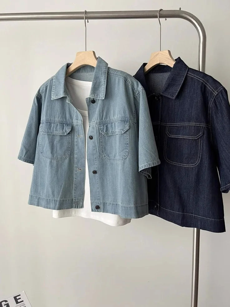 Retro Thin Casual Denim Short Sleeve Jacket Women 2025 Summer High-End Elegance Top Denim Shirt  Female