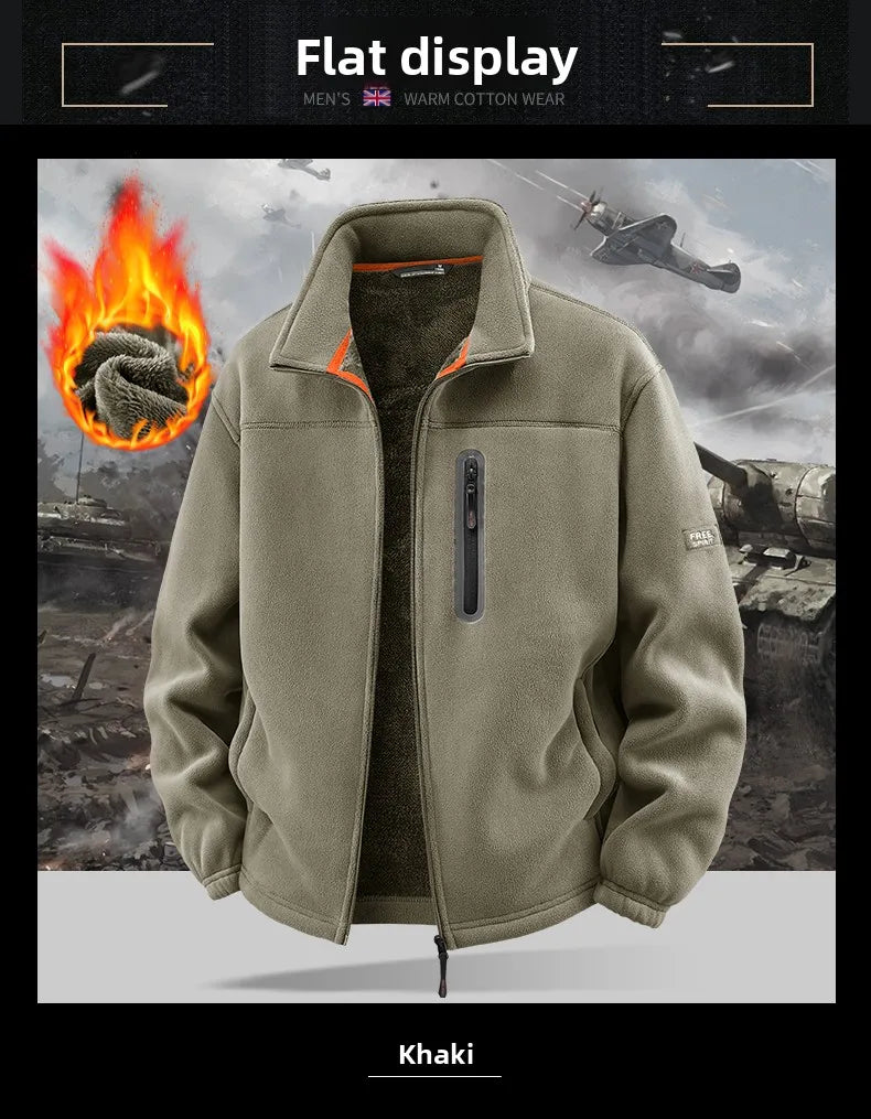 Winter Thickened Windproof Stand Collar Zipper Jacket for Men Casual Outdoor Fleece-Lined Coat Embroidered Men's Warm Jackets