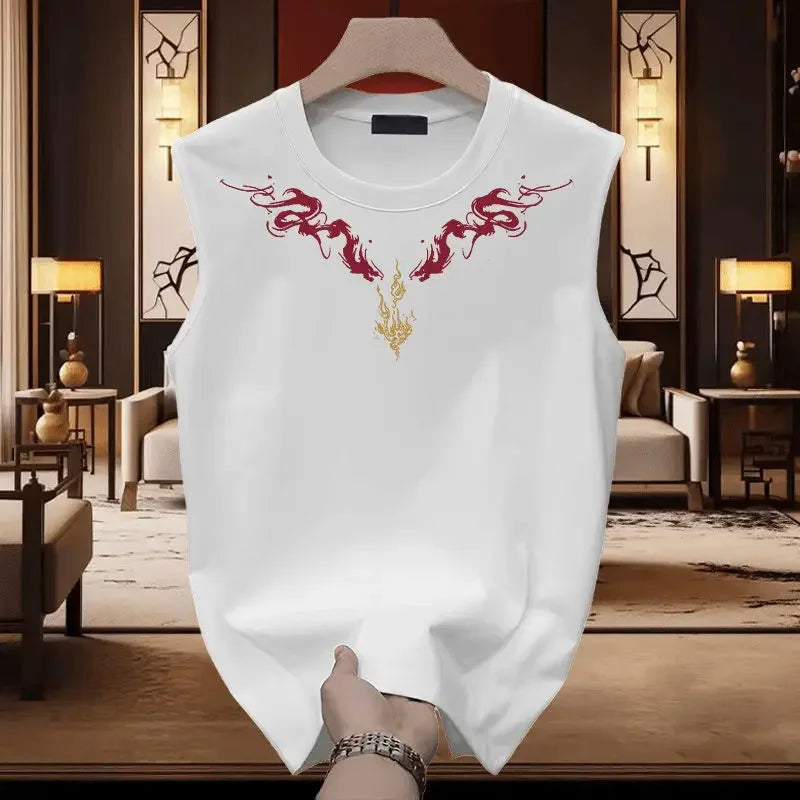 Trendy Pure Cotton Vest Vest T-shirt for Men's National Trendy Double Dragon Print Versatile Loose Round Neck Sleeveless Top