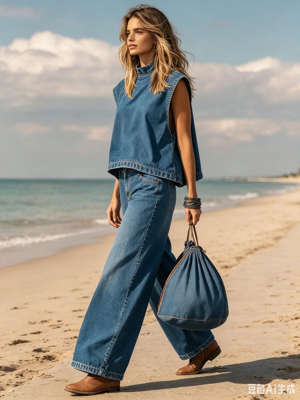 Summer Denim Outfits Female Fashion Solid Color Two Piece Set for Women Sleeveless Top & Wide Leg Pants Holiday Matching Set