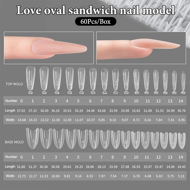 Sandwich Dual Nail Forms 60pcs 15Size Quick Extensions-Dual Forms T-shaped Ellipse Manicure Forms Top Mold Bottom Mold 3D