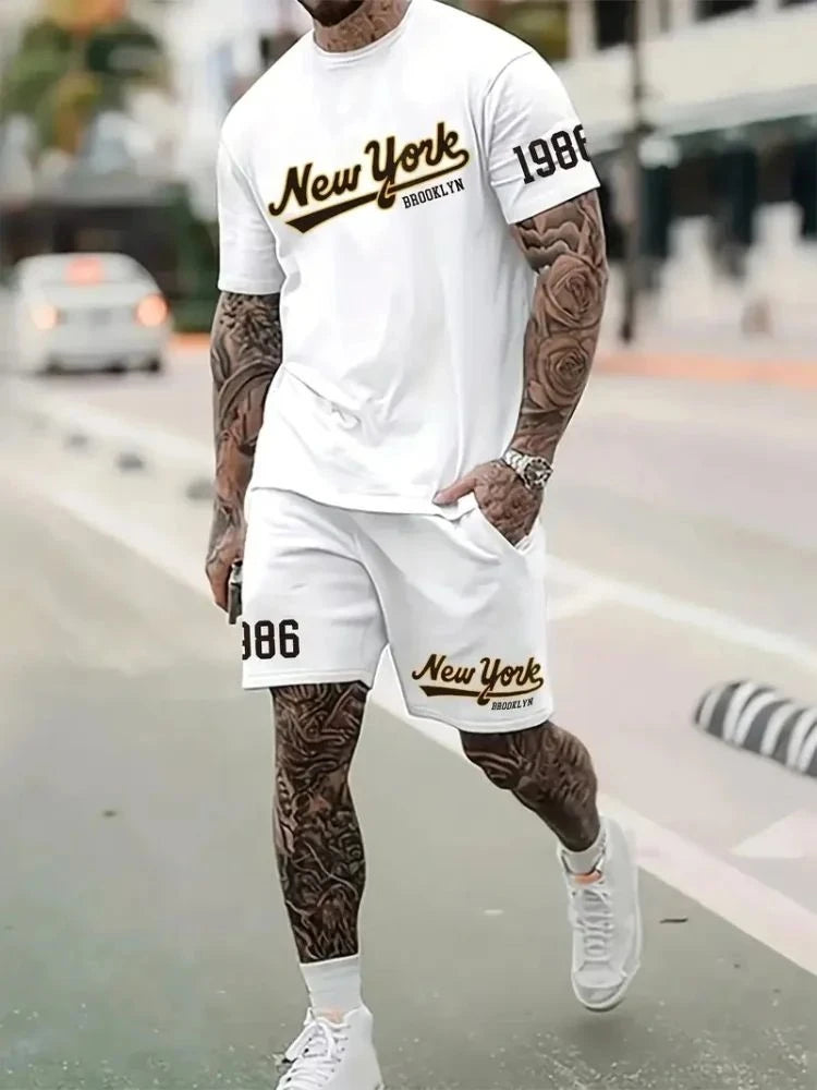 New Men's Summer Street Trendy Letter Printed Comfortable Breathable Round Neck T-shirt Shorts Set Outdoor High Street Clothing