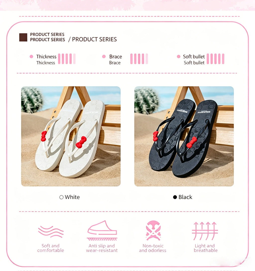 Sanrio Hello Kitty Women'S Flip-Flops, Summer Cartoon Flat Non-Slip Outdoor Beach Slippers, Student Casual Comfortable Slippers