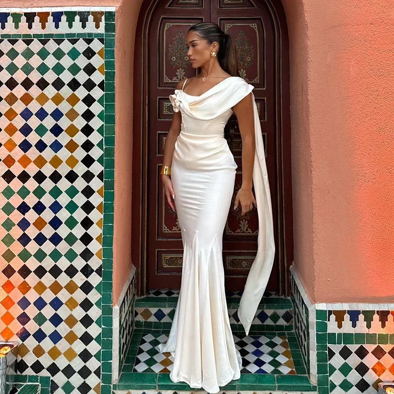 2026 New White One Shoulder Mermaid Evening Dress Asymmetric Neckline Satin Formal Party Gown with Flowing Train