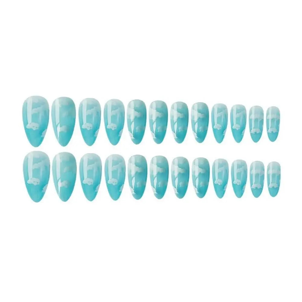 24Pcs/Set Blue Sky White Cloud Fake Nails Glue DIY Manicure Pattern Design False Nail French Stiletto Full Cover Nail Art Tools