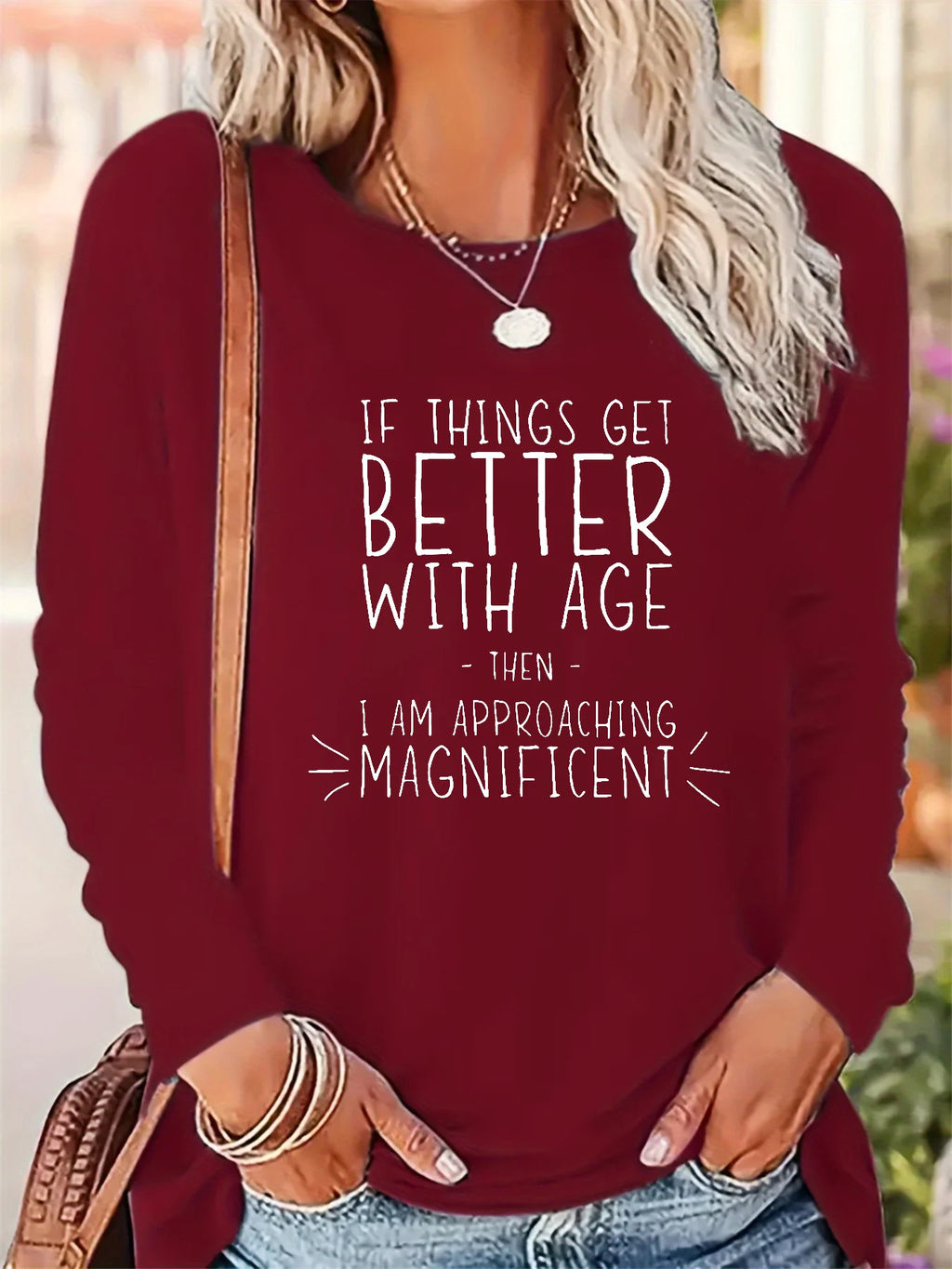 Women's Spring and Autumn 100% pure cotton fashionable casual loose inspirational quotes printed round neck long sleeved T-shirt